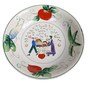 Hand Painted Folk Art Amish Dutch Farmers Vegetables Serving Bowl 10" Vintage